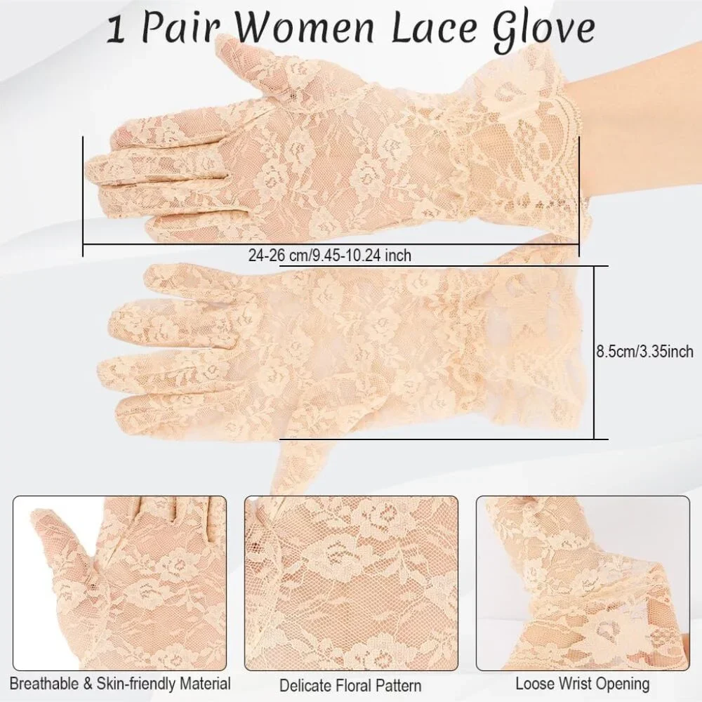 Women Beige Short Tea Wedding Bridal Fashion Opera Halloween Cosplay Lace Gloves - Picture 4 of 7